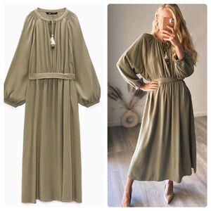 ZARA Khaki Belted Balloon Sleeves Dress Lyocell New